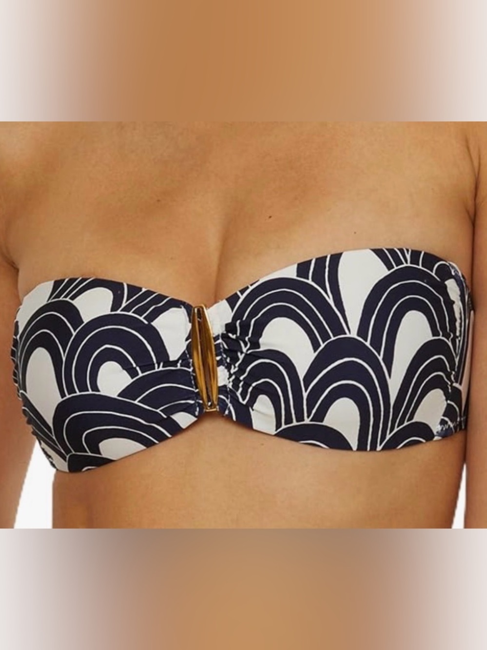 Strapless Navy & White Bandeau Swim Top with Gold Accent